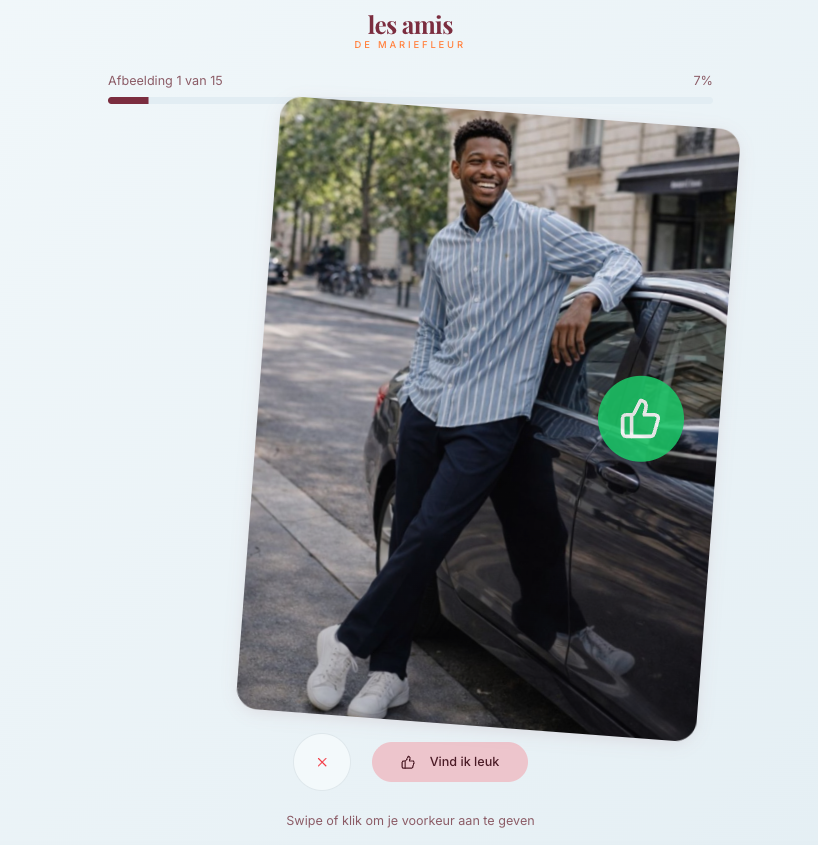 Marie Fleur app — swipe interface for clothing discovery